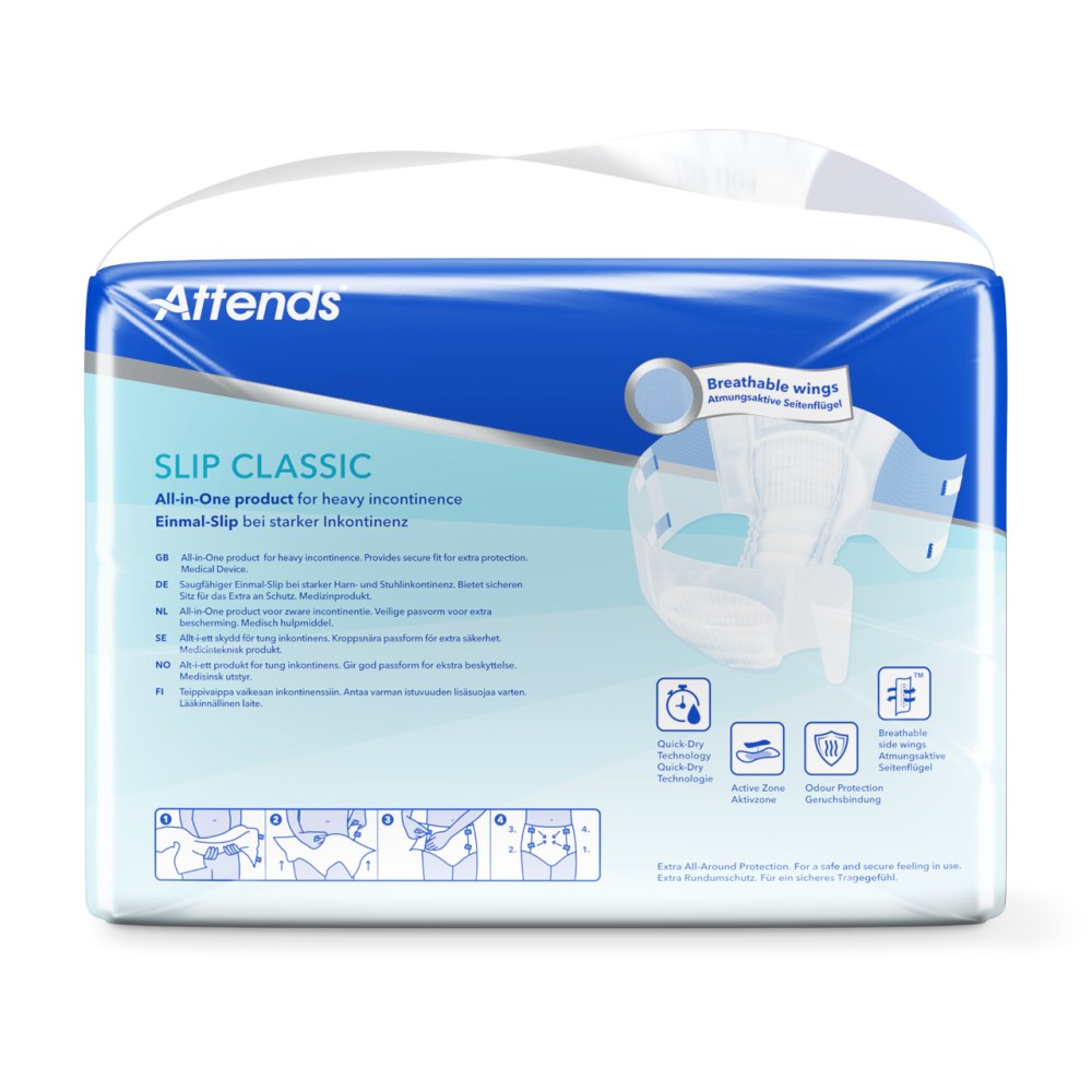 Weißes Inkontinenzprodukt in Form einer Slipwindel, vorn mit einem großen, runden Klebeverschluss. Die Windel hat eine anatomische Form mit breiten Seitenflügeln für optimalen Sitz und Komfort. Auf der Oberfläche sind sanfte, blaue Motive abgebildet, die eine klassische, dezente Optik bieten. Die Windel ist in der Größe Medium mit einem elastischen Bündchen an den Beinen ausgestattet, um Auslaufen zu verhindern.