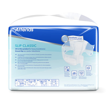 Weißes Inkontinenzprodukt in Form einer Slipwindel, vorn mit einem großen, runden Klebeverschluss. Die Windel hat eine anatomische Form mit breiten Seitenflügeln für optimalen Sitz und Komfort. Auf der Oberfläche sind sanfte, blaue Motive abgebildet, die eine klassische, dezente Optik bieten. Die Windel ist in der Größe Medium mit einem elastischen Bündchen an den Beinen ausgestattet, um Auslaufen zu verhindern.