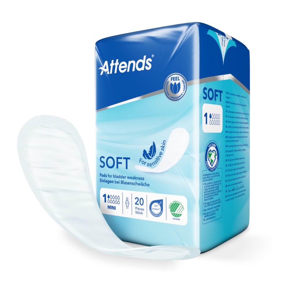Das Bild zeigt die Verpackung von Attends Soft 1 Mini, einer Marke für Inkontinenzprodukte. Die Verpackung ist überwiegend in hellblauer Farbe gehalten und enthält den Produktnamen sowie Informationen zur Größe und den Funktionen. Auf der Vorderseite ist ein stilisiertes Bild eines zufriedenen, lächelnden Mannes abgebildet, der symbolisch für Komfort und Sicherheit steht. Weitere Details über die Anwendung und Vorteile sind natürlich auch abgebildet.