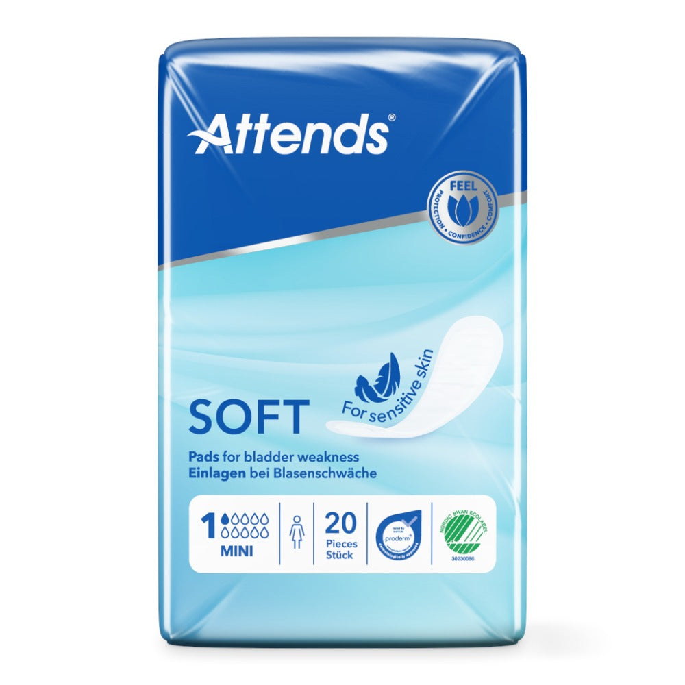 Ein Karton mit der Marke "Attends Soft" in Mini-Größe, der im Vordergrund steht. Der Karton ist in sanften Blau- und Weißtönen gestaltet und enthält Pflegeprodukte für Erwachsene, insbesondere Einmalwindeln. Auf der Vorderseite sind Angaben wie „Mini Größe“ und „Anzahl der Stücke“ deutlich zu erkennen. Der Hintergrund ist leicht verschwommen und hebt den Karton hervor. Das gesamte Bild vermittelt einen hygienischen und professionellen Eindruck, ideal für die Produkte im Bereich der Inkontinenzversorgung.