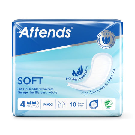 Alt-Text: Produktbild zeigt das Attends Soft 4 Maxi Einlagenpack mit 10 Stück. Die Einlagen sind in einer transparenten Verpackung zu sehen, die auf einem neutralen Hintergrund liegt. Die Vorderseite der Verpackung zeigt das Logo "Attends" sowie den Produkttyp "Soft 4 Maxi" und die Anzahl der Einlagen. Die Einlagen selbst sind in einem sanften Weißton dargestellt, mit abgerundeten Ecken. Der Hintergrund fällt unauffällig aus, um den Fokus auf die Einlagen zu richten.