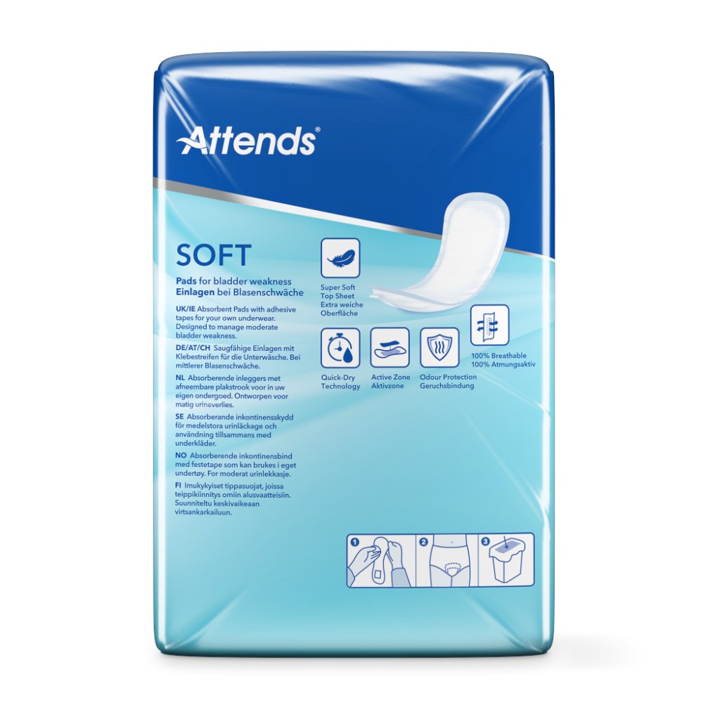 Attends Soft 5 Einlagen sind weiche, absorbierende Produkte für die Inkontinenzversorgung. Auf dem Bild sind mehrere der Einlagen in einer offenen Verpackung zu sehen. Jede Einlage ist rechteckig und zeigt eine helle, angenehme Oberflächenstruktur. Der Rand ist sanft abgerundet und die Oberfläche wirkt atmungsaktiv. Im Hintergrund ist eine neutrale, einfarbige Fläche, die den Fokus auf die Einlagen lenkt.