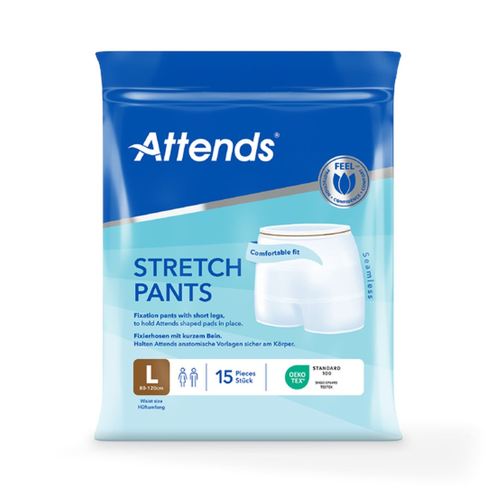 Helles, überzogenes Bild von Attends Stretch Pants in der Größe Large. Die Hose präsentiert sich in einem unifarbenen, sanften Blau mit einem elastischen Bund für komfortable Passform und Bewegungsfreiheit. Die Vorderseite zeigt eine glatte Oberfläche ohne sichtbare Nähte. Der Stoff wirkt dehnbar und atmungsaktiv, ideal für den täglichen Gebrauch. Auf der rechten oberen Ecke ist das Markenlogo von Attends gut sichtbar. Der Hintergrund ist neutral, um die Hose hervorzuheben.