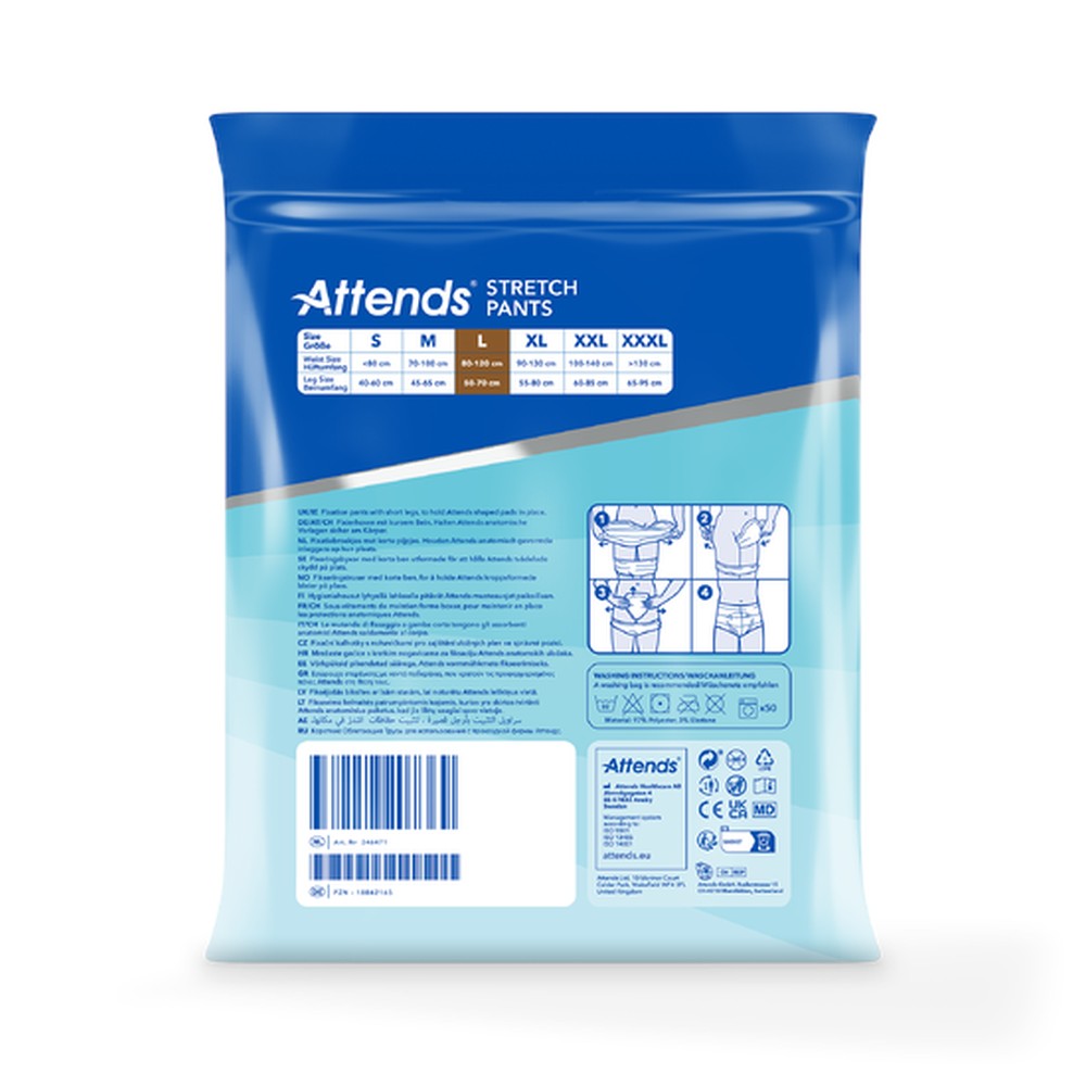 Ein transparentes Bild zeigt eine Packung von Attends Stretch Pants in Größe Large. Die Verpackung ist hauptsächlich in Blau und Weiß gehalten und weist deutliche Informationen zur Größe und Produktbezeichnung auf. Im Hintergrund sind unscharfe Elemente vorhanden, die ein Gefühl von Raum vermitteln. Die Stretch Pants sind für den Einmalgebrauch gedacht und bieten eine bequeme Passform. Das Produkt ist ideal für Erwachsene, die Unterstützung und Sicherheit im Alltag benötigen.