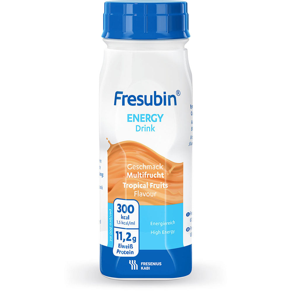 Fresubin Energy Drink Multifrucht – hochkalorische Trinknahrung (1,5 kcal/ml), ballaststofffrei, laktosearm & glutenfrei; Flasche in Frontansicht