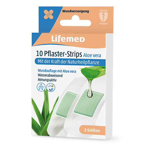 Weißes Pflasterset mit Aloe Vera, bestehend aus zwei verschiedenen Größen an Heftpflastern. Die Pflaster sind in einer schlichten, durchsichtigen Verpackung angeordnet, die eine klare Sicht auf die Pflaster ermöglicht. Jedes Pflaster hat abgerundete Kanten und ist in sanftem Weiß gehalten. Die Aloe Vera-Komponente wird auf der Verpackung hervorgehoben, was auf eine hautpflegende Eigenschaft hinweist. Ideal für die Versorgung kleiner Wunden. Die Marke Lifemed ist deutlich sichtbar.