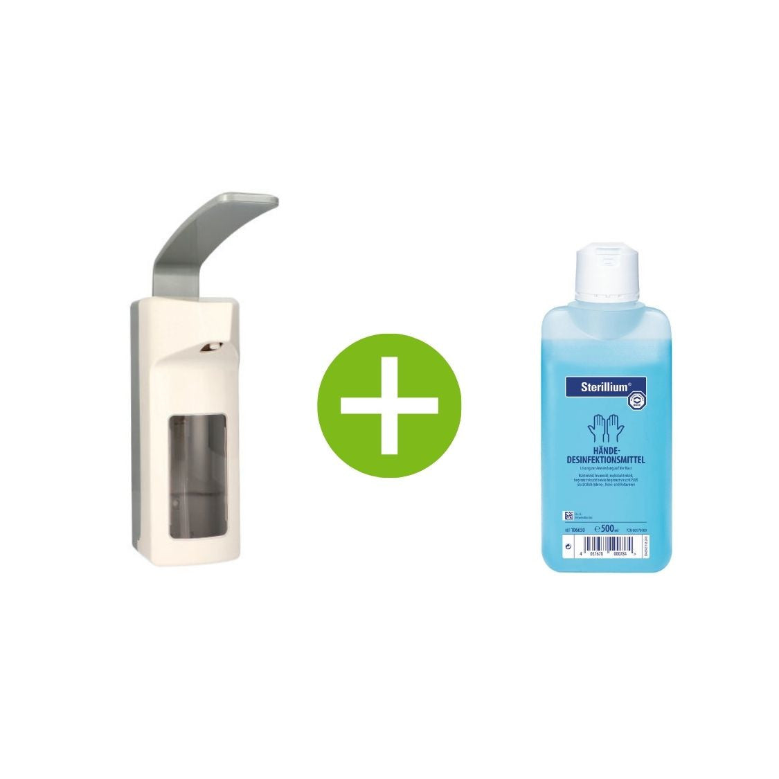 Medi-Inn Wandspender Kunststoff mit Langarmhebel für 500 ml Euroflaschen + Bode Sterillium Händedesinfektion 500 ml