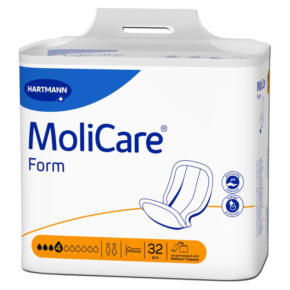 Produktbild: MoliCare Form-4, eine Packung mit Inkontinenzprodukten. Die Vorderseite zeigt ein ansprechendes Design in sanften Farben, wobei die Marke "MoliCare" gut sichtbar platziert ist. Die Packung enthält eine Anzahl von Einweg-Inkontinenzslips und ist in transparentem Artefakt dargestellt. Im Hintergrund sind subtil einige Blätter zu erkennen, die einen frischen Eindruck vermitteln. Angaben zur Größe und Saugfähigkeit sind deutlich hervorgehoben, um eine einfache Identifizierung zu ermöglichen.