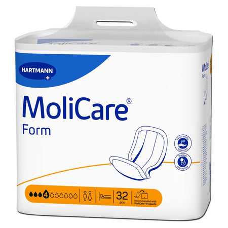 Produktbild: MoliCare Form-4, eine Packung mit Inkontinenzprodukten. Die Vorderseite zeigt ein ansprechendes Design in sanften Farben, wobei die Marke "MoliCare" gut sichtbar platziert ist. Die Packung enthält eine Anzahl von Einweg-Inkontinenzslips und ist in transparentem Artefakt dargestellt. Im Hintergrund sind subtil einige Blätter zu erkennen, die einen frischen Eindruck vermitteln. Angaben zur Größe und Saugfähigkeit sind deutlich hervorgehoben, um eine einfache Identifizierung zu ermöglichen.