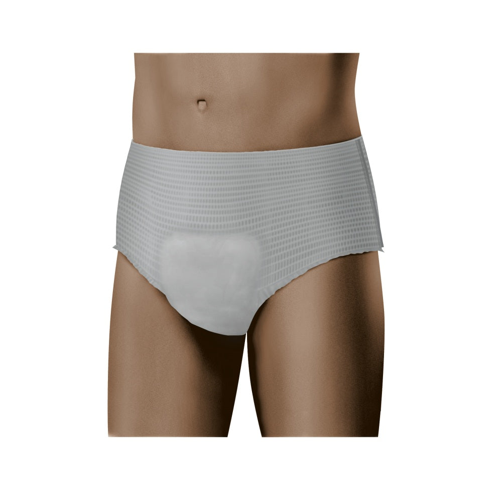 Ein Produktbild von MoliCare Men Pants, einer Bequemheitsunterwäsche für Männer. Die pants sind in einer neutralen Farbgebung gehalten und zeigen ein modernes, ansprechendes Design. Auf dem Bild sind die Pants flach liegend, die Stoffstruktur ist sichtbar und vermittelt einen Eindruck von Weichheit und Komfort. Die Beinausschnitte und der elastische Bund sind gut erkennbar, was auf eine optimale Passform hinweist. Die Verpackung ist nicht sichtbar, der Fokus liegt auf dem Produkt selbst.