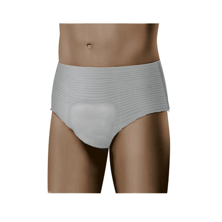 Ein Produktbild von MoliCare Men Pants, einer Bequemheitsunterwäsche für Männer. Die pants sind in einer neutralen Farbgebung gehalten und zeigen ein modernes, ansprechendes Design. Auf dem Bild sind die Pants flach liegend, die Stoffstruktur ist sichtbar und vermittelt einen Eindruck von Weichheit und Komfort. Die Beinausschnitte und der elastische Bund sind gut erkennbar, was auf eine optimale Passform hinweist. Die Verpackung ist nicht sichtbar, der Fokus liegt auf dem Produkt selbst.