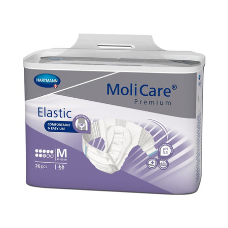 Premium-Elastik-Binde von Molicare, erhältlich in der Größe Medium (M). Die Binde hat eine weiße, elastische Oberfläche mit blauen Akzenten und ist für Inkontinenzpflege konzipiert. Die Verpackung zeigt klare Markierungen und Produktdetails, einschließlich der Anzahl der Tropfen (8 Tropfen für hohe Sicherheit). Die Binde ist atmungsaktiv, sorgt für ein angenehmes Tragegefühl und ist mit einem bequemen, elastischen Bund ausgestattet, der eine gute Passform garantiert.
