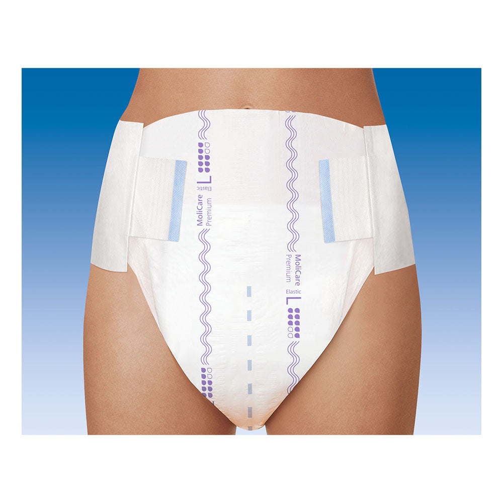 Das Bild zeigt eine Verpackung des Produkts "Molicare Premium Elastic" für Erwachsene, speziell konzipiert für die Inkontinenzversorgung. Die Packung ist in einem ansprechenden, blauen und weißen Design gehalten und zeigt die Produktbezeichnung deutlich in großer Schrift. Auf der Vorderseite befindet sich auch eine Grafik, die die elviografie von Tropfen zeigt, die die hohe Absorptionsfähigkeit kennzeichnen.