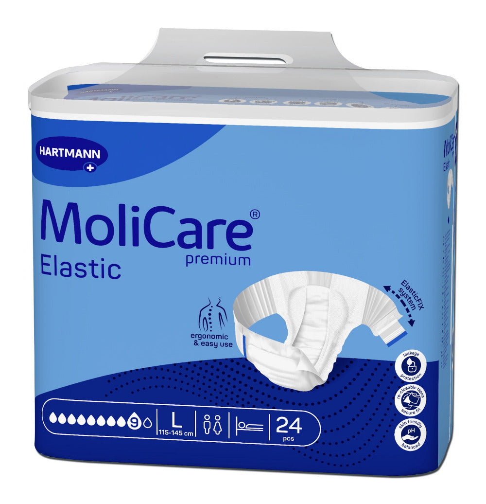 Molicare Premium Elastic 9 Tropfen L ist eine Packung mit Inkontinenzprodukten für Erwachsene. Die Vorderseite der Verpackung zeigt ein ansprechendes Design mit einem hochwertigen Bild eines lächelnden, aktiven älteren Paares. Der Produktname ist deutlich in großen, klaren Buchstaben abgedruckt. Die Verpackung ist in sanften Blau- und Grüntönen gehalten und vermittelt ein Gefühl von Sicherheit und Vertrauen.