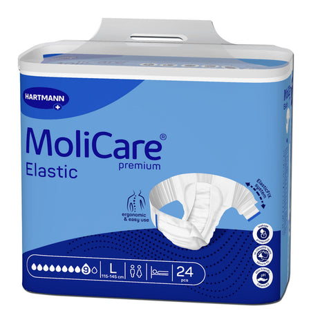Molicare Premium Elastic 9 Tropfen L ist eine Packung mit Inkontinenzprodukten für Erwachsene. Die Vorderseite der Verpackung zeigt ein ansprechendes Design mit einem hochwertigen Bild eines lächelnden, aktiven älteren Paares. Der Produktname ist deutlich in großen, klaren Buchstaben abgedruckt. Die Verpackung ist in sanften Blau- und Grüntönen gehalten und vermittelt ein Gefühl von Sicherheit und Vertrauen.