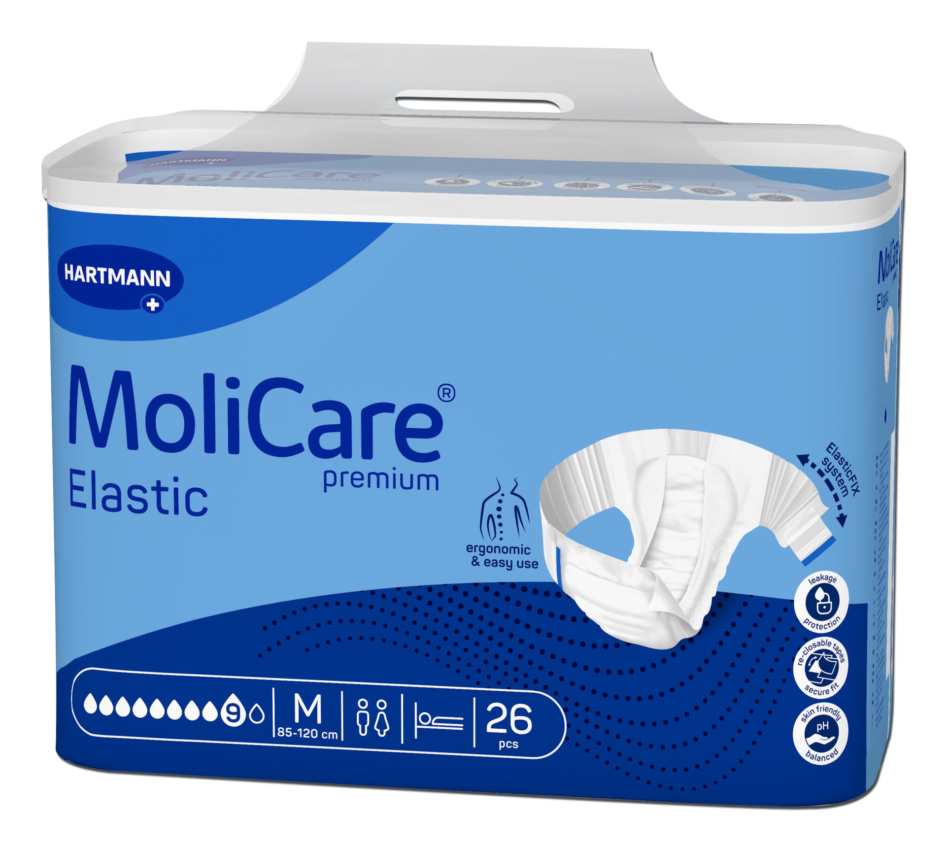 Bildbeschreibung: Das Produkt zeigt die Verpackung von MoliCare Premium Elastic, einer Inkontinenzhilfe in der Größe M mit 9 Tropfen, die für mittlere bis starke Inkontinenz geeignet ist. Die Verpackung ist in einem modernen, ansprechenden Design gehalten und zeigt die Hauptmerkmale wie Atmungsaktivität und einen hohen Tragekomfort. Die Farbgebung ist in Blau und Weiß gehalten, mit klaren Angaben zu Größe und Tropfenanzahl.
