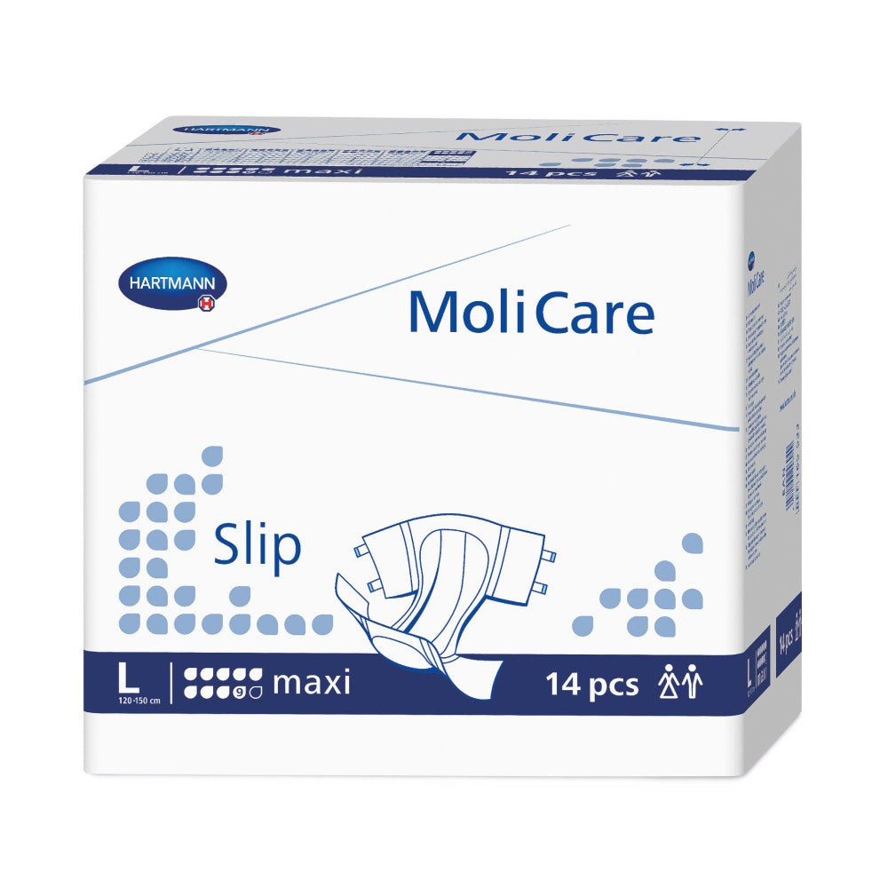Alt-Text: Produktbild eines Molicare Slip Maxi L, einem Inkontinenzprodukt. Die Packung zeigt das Design mit einer blauen Farbgebung und einem großen weißen Bereich, auf dem das Produktlogo deutlich zu erkennen ist. In der oberen Ecke ist die Größe "L" (Large) und die Aufschrift "Maxi" zu sehen. Unterhalb sind neun Tropfen dargestellt, die die Saugfähigkeit symbolisieren. Die Verpackung ist hygienisch verpackt, das Design wirkt ansprechend und modern, geeignet für eine diskrete Verwendung.