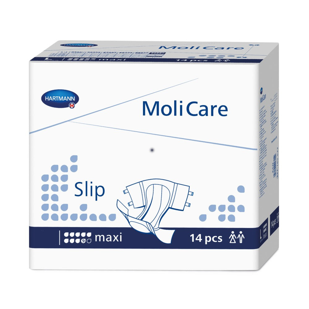 Ein Produktbild zeigt eine Packung von MoliCare Slip Maxi S mit 9 Tropfen, die in einem hellen, einladenden Design präsentiert wird. Die Vorderseite der Verpackung ist übersichtlich gestaltet und betont die hohe Saugfähigkeit und den Komfort des Produkts. Die prominent platzierte Zahl „9 Tropfen“ weist auf die maximale Schutzstufe hin. Der Hintergrund ist schlicht, um die Packung hervorzuheben.
