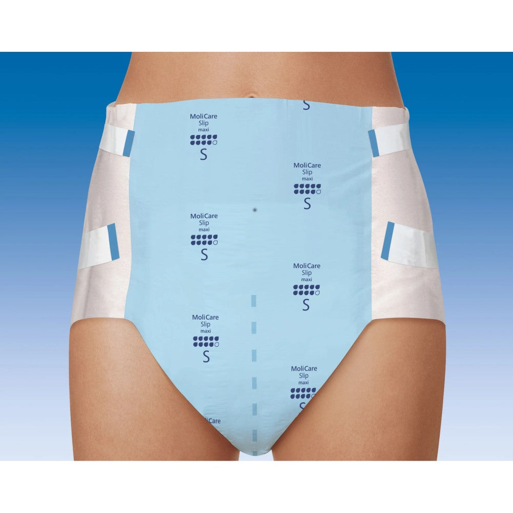 Maxi Inkontinenzslips von MoliCare in Packungseinheit mit 9 Tropfen. Die Abbildung zeigt die Vorderansicht der Verpackung, die sich durch ein modernes Design auszeichnet, mit hellen Farben und klaren, leserlichen Schriftzügen. Auf der Vorderseite sind das Produktlogo und die Anzahl der Tropfen deutlich sichtbar, die auf die Saugfähigkeit hinweisen. Die Verpackung ist in verschiedenen Blau- und Grüntönen gehalten und vermittelt einen Eindruck von Qualität und Komfort.