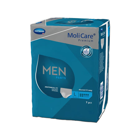 Auf dem Produktbild sind die MoliCare Men Pants in der Größe L zu sehen. Die Unterlagen sind in einer neutralen Umgebung platziert und kleben leicht an der Oberfläche. Die Pants sind in einem blauen Farbton gehalten und zeigen eine moderne, sportliche Gestaltung mit elastischen Beinausschnitten. Das Material wirkt atmungsaktiv und bietet hohen Tragekomfort. Der Artikel hat eine besonderen Schnitt für Männer, um eine optimale Passform zu gewährleisten.