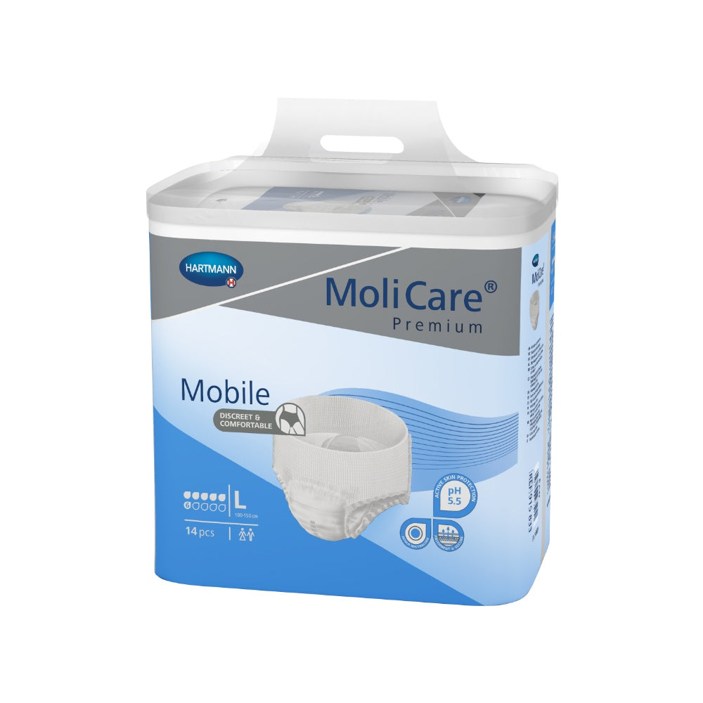 Produktbild einer MoliCare Premium Mobile Einlage in der Größe L. Die Einlage ist in einem klaren, weißen Karton verpackt und zeigt im Vordergrund das Produktdesign mit einem blauen Label. Auf dem Karton wird die hohe Saugfähigkeit und der Einsatzbereich für aktive Nutzer angepriesen. Die Einlage ist gebrauchsfertig und zeichnet sich durch weiche Materialien und eine anatomische Form aus. Im Hintergrund ist ein neutraler, hellgrauer Farbton zu sehen, der den Fokus auf das Produkt lenkt.