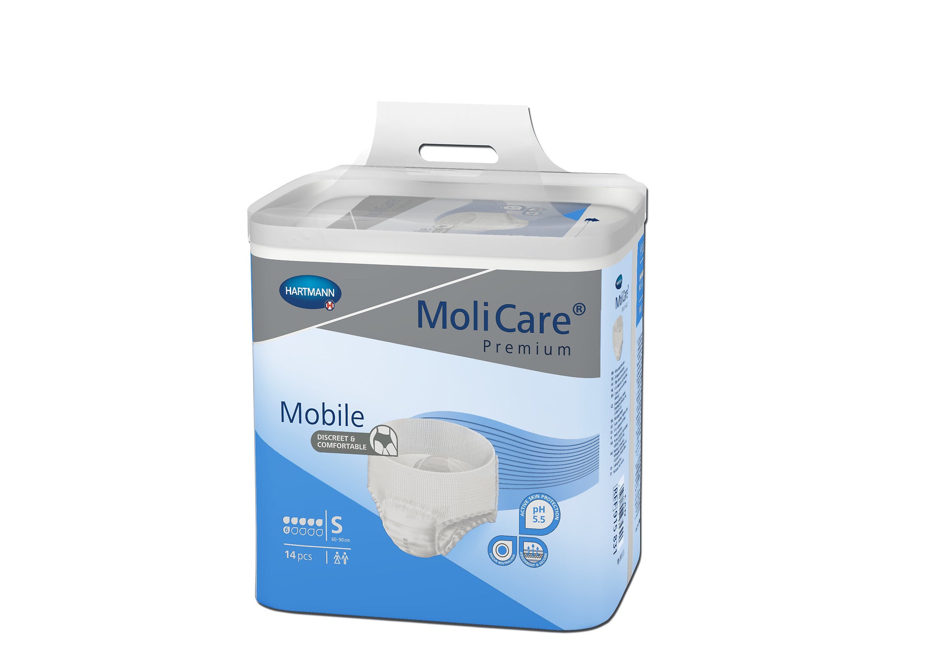 Molicare Premium Mobile 6T S ist eine Verpackung mit Inkontinenzprodukten, die auf dem Bild abgebildet ist. Die Packung hat ein klares, modernes Design in Blau und enthält 12 saugfähige Einlagen für Erwachsene mit zusätzlichen Angaben zur Größe S. Die Vorderseite zeigt das Produktlogo und wichtige Informationen zur Sicherheit und Verwendung.