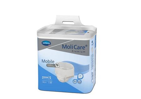 Molicare Premium Mobile 6T S ist eine Verpackung mit Inkontinenzprodukten, die auf dem Bild abgebildet ist. Die Packung hat ein klares, modernes Design in Blau und enthält 12 saugfähige Einlagen für Erwachsene mit zusätzlichen Angaben zur Größe S. Die Vorderseite zeigt das Produktlogo und wichtige Informationen zur Sicherheit und Verwendung.