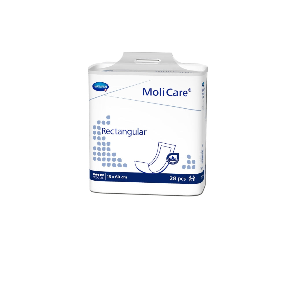 Auf dem Bild ist ein Packung von Molicare rectangularen Inkontinenzprodukten zu sehen. Die Packung ist in einem blauen und weißen Design gehalten, mit einem klar erkennbaren Molicare-Logo. Die Vorderseite zeigt eine Abbildung des Produkts und eine Größenangabe, die auf eine gute Saugfähigkeit hinweist. Im Hintergrund ist eine leichte Textur zu erkennen, die dem Bild mehr Tiefe verleiht.