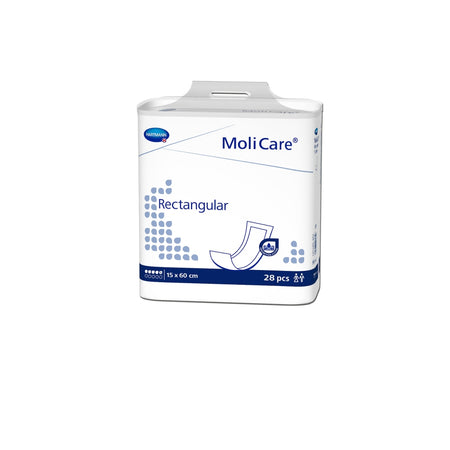 Auf dem Bild ist ein Packung von Molicare rectangularen Inkontinenzprodukten zu sehen. Die Packung ist in einem blauen und weißen Design gehalten, mit einem klar erkennbaren Molicare-Logo. Die Vorderseite zeigt eine Abbildung des Produkts und eine Größenangabe, die auf eine gute Saugfähigkeit hinweist. Im Hintergrund ist eine leichte Textur zu erkennen, die dem Bild mehr Tiefe verleiht.