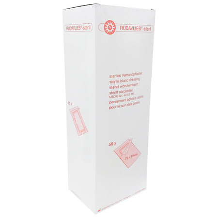 Ein Paket mit 50 sterilen Verbandpflastern in der Größe 35 x 10 cm. Die Pflaster sind in einem weißen Karton verpackt, der auf der Vorderseite das Produktlogo und Informationen über die Verwendung anzeigt. Die Verpackung hebt die sterilisierten Eigenschaften hervor. Der Hintergrund des Bildes ist neutral, um den Fokus auf das Produkt zu lenken. Die Verbandpflaster sind einzeln in der Verpackung angeordnet. Ideal für die erste Hilfe und die schnelle Wundversorgung. Dermatologisch geprüft und hautfreundlich.