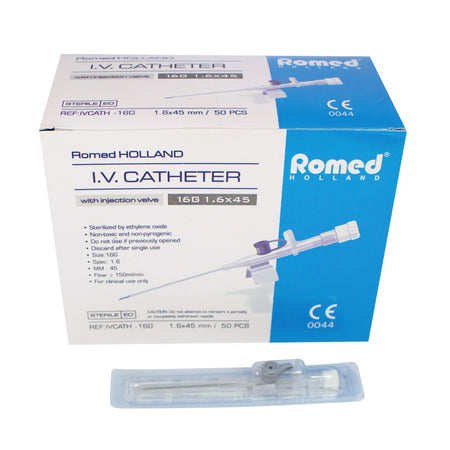 Bild zeigt eine graue Venenverweilkanüle mit der Größe 16 G. Die Kanüle hat eine transparente Kunststoffhülse und ein farbenfrohes, ergonomisches Griffdesign, das eine einfache Handhabung ermöglicht. An der Spitze sind die Kanülenöffnungen gut sichtbar, während die Rückseite mit einem Sicherheitsverschluss ausgestattet ist. Die gesamte Konstruktion vermittelt einen modernen, hygienischen Eindruck, geeignet für den Einsatz in medizinischen Einrichtungen.