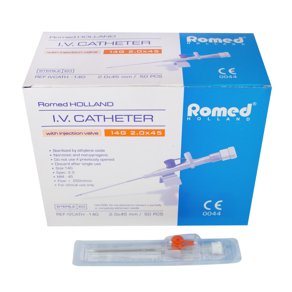 Produktbild einer orangen 14G Venenverweilkanüle (auch als Kanüle oder Infusionskanüle bekannt) mit einer transparenten Plastikbasis. Die Kanüle hat eine deutliche, spitze Spitze für das präzise Einführen in die Vene. Das orangefarbene Design hebt sich von dem hellen Hintergrund ab und deutet auf die Größe und Breite der Kanüle hin. Im Bild sind keine weiteren Elemente oder Personen zu sehen, was den Fokus auf das Produkt legt, ideal für medizinische Anwendungen zur intravenösen Therapie oder Infusion.