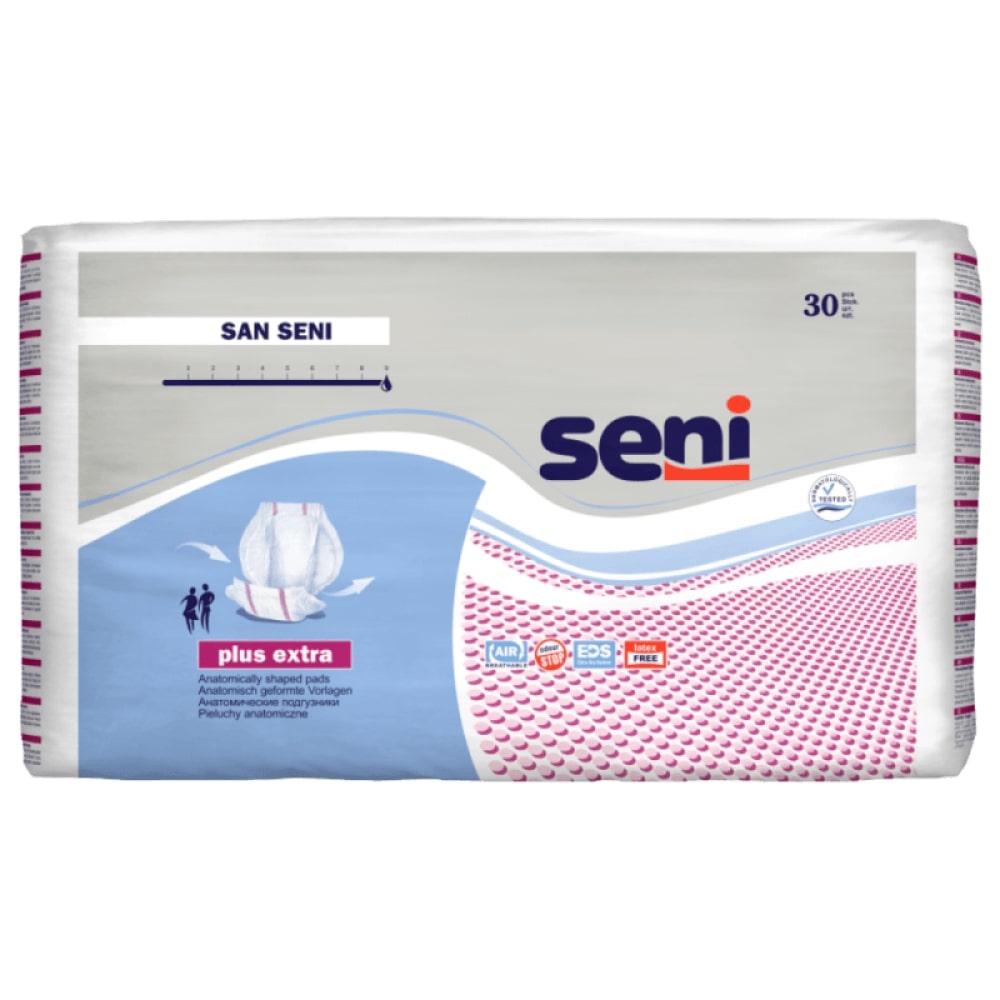 Ein Paket mit San Seni Plus Extra, einer Art von Inkontinenzprodukten. Die Verpackung ist überwiegend in Blau und Weiß gehalten und zeigt auf der Vorderseite eine stilisierte Darstellung des Produkts. Die Packung ist in einem praktischen Format mit Klappdeckel gestaltet. Auf dem Etikett sind Informationen zu Größe, Produkttyp und den absorbierenden Eigenschaften deutlich sichtbar. Im Hintergrund ist ein sanfter Farbverlauf zu erkennen, der einen professionellen und ansprechenden Eindruck vermittelt.