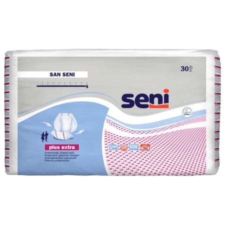 Ein Paket mit San Seni Plus Extra, einer Art von Inkontinenzprodukten. Die Verpackung ist überwiegend in Blau und Weiß gehalten und zeigt auf der Vorderseite eine stilisierte Darstellung des Produkts. Die Packung ist in einem praktischen Format mit Klappdeckel gestaltet. Auf dem Etikett sind Informationen zu Größe, Produkttyp und den absorbierenden Eigenschaften deutlich sichtbar. Im Hintergrund ist ein sanfter Farbverlauf zu erkennen, der einen professionellen und ansprechenden Eindruck vermittelt.
