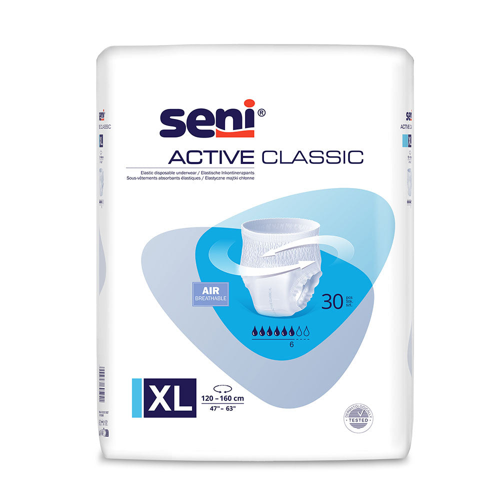 Frontalansicht einer Packung Seni Active Classic XL Inkontinenzhosen.