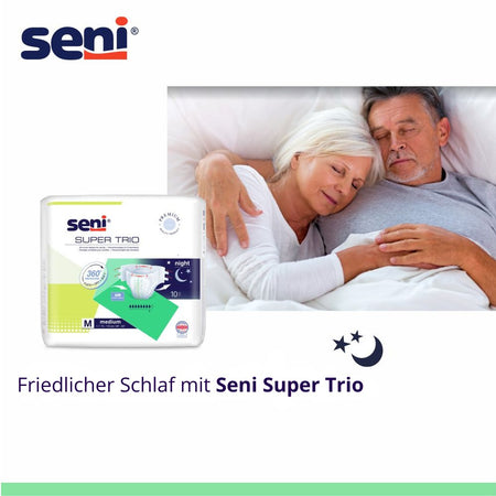 Älteres Paar schläft friedlich im Bett, daneben Abbildung der Seni Super Trio Inkontinenzslips für die Nacht.