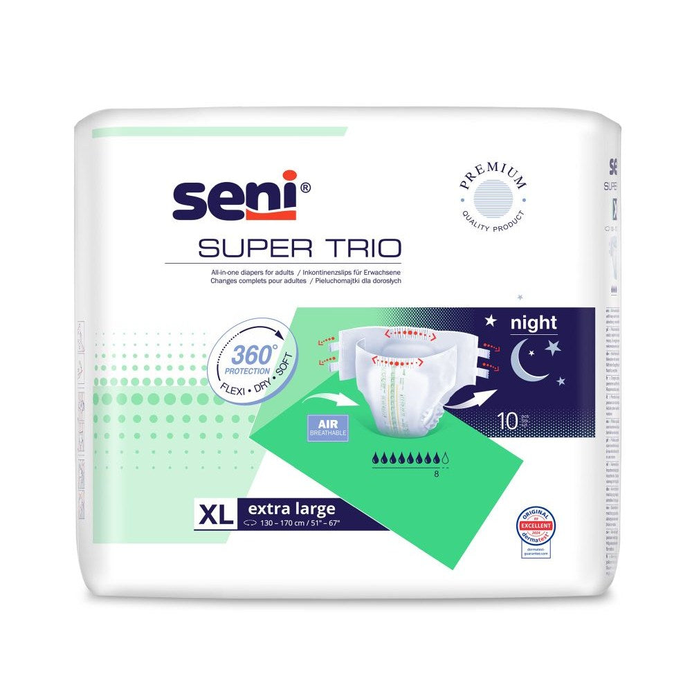 Verpackung Seni Super Trio Inkontinenzslips in Größe XL (extra large), 10 Stück, mit Nacht-Symbol und 360°-Schutz.