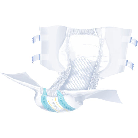 Das Bild zeigt eine Packung mit Super Seni, einer Marke für Inkontinenzprodukte. Die Verpackung ist überwiegend in den Farben Blau und Weiß gehalten und präsentiert das Produkt in einer optimalen Ansicht. Auf der Vorderseite sind die Produktbezeichnung sowie Hinweise zur Saugstärke und Größe gut lesbar. Im Hintergrund sind stilisierte Wasser- und Tropfenmotive, die auf die hohe Saugfähigkeit hinweisen. Die Verpackung wirkt ansprechend und modern, geeignet für Erwachsene, die zuverlässigen Schutz suchen.