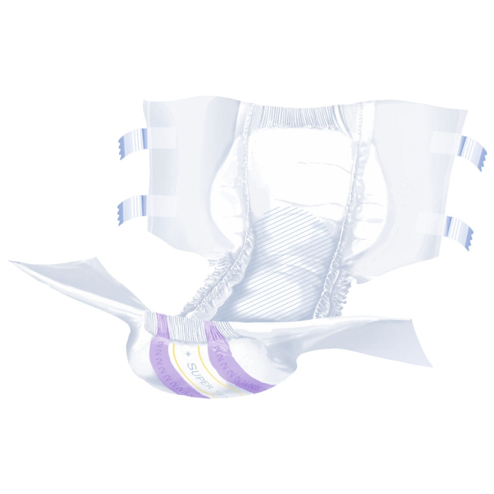 Super Seni Plus Inkontinenzprodukte in der Größe L, Packung mit 30 Stück. Die Verpackung ist in einem ansprechenden Design gehalten und zeigt eine klare Abbildung des Produkts. Auf dem vorderen Etikett sind die wichtigsten Eigenschaften hervorgehoben: hohe Saugfähigkeit, dermatologisch getestet und besonders weich auf der Haut. Die Farben sind überwiegend blau und weiß, was eine frische und hygienische Ausstrahlung vermittelt.