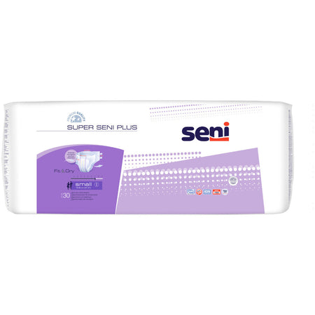 Super Seni Plus S, Packung mit 30 Stück. Die Verpackung ist in einem hellen, ansprechenden Design gehalten, das vorwiegend in Blau- und Weißtönen gestaltet ist. Im Vordergrund sind die Schriftzüge "Super Seni Plus" und "S" deutlich sichtbar, begleitet von einem Hinweis auf die Anzahl der enthaltenen Artikel. Auf dem Packaging sind zusätzlich einige Piktogramme abgebildet, die auf die Hauptmerkmale des Produkts hinweisen, darunter Saugfähigkeit und Komfort.