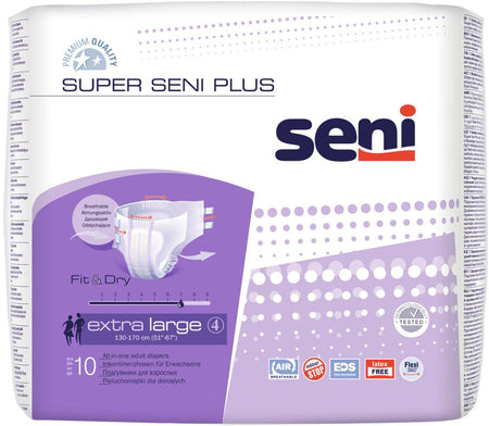 Super Seni Plus XL, Einweg-Inkontinenzprodukte, 10 Stück, Packungsansicht. Die Verpackung zeigt ein ansprechendes Design in sanften Farben mit einer Abbildung eines glücklichen, aktiven älteren Paares, das Lebensfreude ausstrahlt. Die Packung enthält klare Informationen zu den Produkten wie Größe XL, hohes Saugvermögen und Hautfreundlichkeit. Im Hintergrund sind sanfte Pastellfarben, die das Gefühl von Komfort und Sicherheit vermitteln.