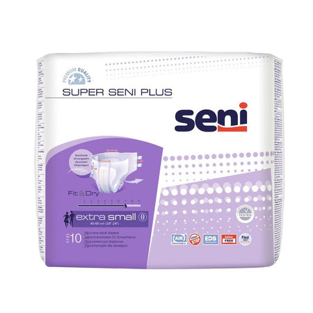 Super Seni Plus X-S für Inkontinenz, 10-Packung. Die Verpackung zeigt ein ansprechendes Design mit dem blauen Hintergrund und dem markanten Logo "Super Seni". Die Vorderseite informiert über die Besonderheiten, wie hohe Saugfähigkeit und optimale Passform. Eine Bilddarstellung zeigt eine Person, die das Produkt verwendet, was die Benutzerfreundlichkeit unterstreicht.