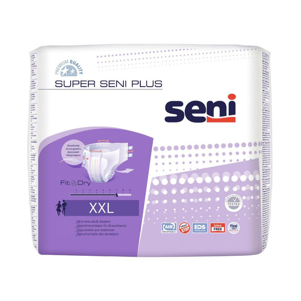 Super Seni Plus XXL Einlagen für Erwachsene, 10 Stück im Paket. Die Einlagen sind in einer weißen Verpackung mit einem blauen und grünen Akzentdesign präsentiert. Auf der Vorderseite befindet sich die Produktbezeichnung "Super Seni Plus XXL", mit einer deutlichen Größenangabe und einem Hinweis auf die hohe Saugfähigkeit. Die Verpackung ist klar strukturiert und informativ, was auf eine Verwendung für inkontinente Personen hindeutet. Der Hintergrund ist hell, was die Lesbarkeit der Informationen fördert.