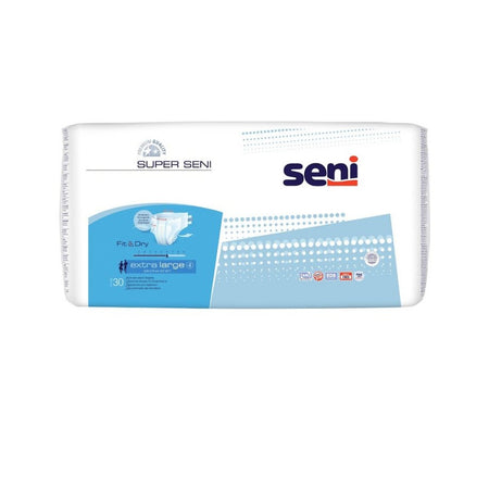 Eine Packung Super Seni XL Inkontinenzslips mit 30 Stück. Die Verpackung ist überwiegend in einem sanften Blauton gehalten und zeigt das Produkt in mehreren Perspektiven. Auf der Vorderseite sind Abbildungen der Slips sowie ansprechende Grafiken, die die Atmungsaktivität und den Komfort hervorheben. In der oberen rechten Ecke befindet sich das Logo des Herstellers. Eine detaillierte Beschreibung der Eigenschaften und Vorteile ist auf der Rückseite abgebildet.