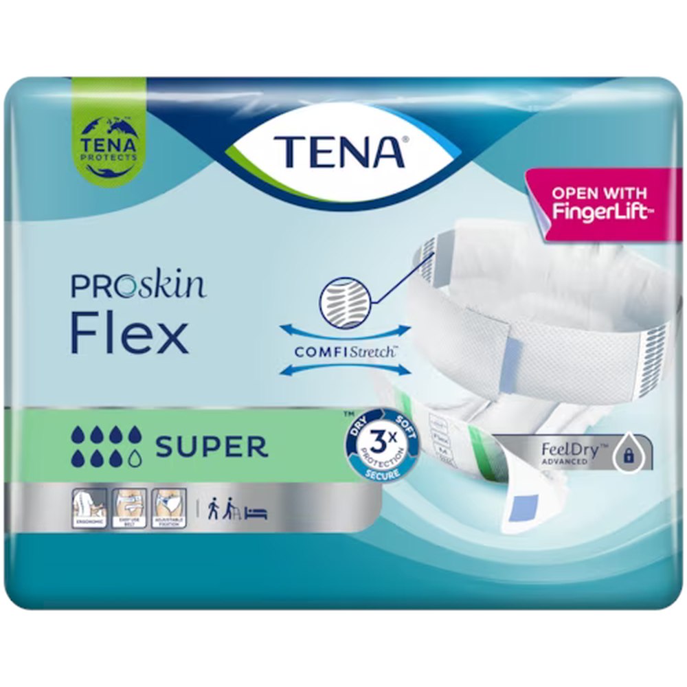 TENA Flex Super – hoch absorbierende Inkontinenzhose für Erwachsene. Das Produkt zeigt eine leicht faltbare, elastische Hose in hellblau und weiß, die für eine bequeme Passform sorgt. Der flexible Bund und die seitlichen Klettverschlüsse ermöglichen eine einfache Anpassung. Die Oberfläche ist weich und atmungsaktiv, um Hautreizungen zu minimieren. Im Hintergrund sind sanfte Farben und ein neutraler Hintergrund zu sehen, was die Aufmerksamkeit auf das Produkt lenkt.