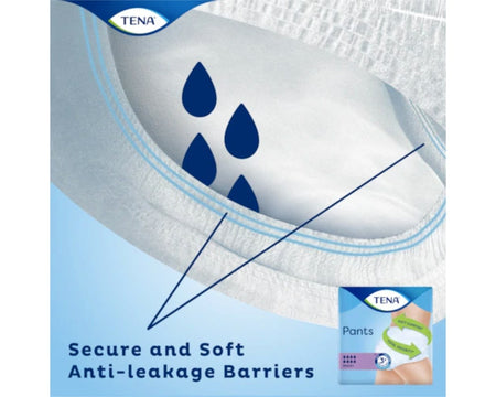 Ein Pack mit TENA Pants Maxi, einer Inkontinenzhose für Erwachsene, ist im Mittelpunkt des Bildes abgebildet. Die Verpackung ist in einem hellen Blau und Weiß gehalten und zeigt das Produkt in einer klaren, leicht verständlichen Darstellung. Auf der Vorderseite sind die wichtigsten Merkmale wie "Maxi" und „für Frauen“ hervorgehoben. Im Hintergrund sind verschwommene, angenehme Farbtöne zu sehen, die ein Gefühl von Sanftheit und Komfort vermitteln.