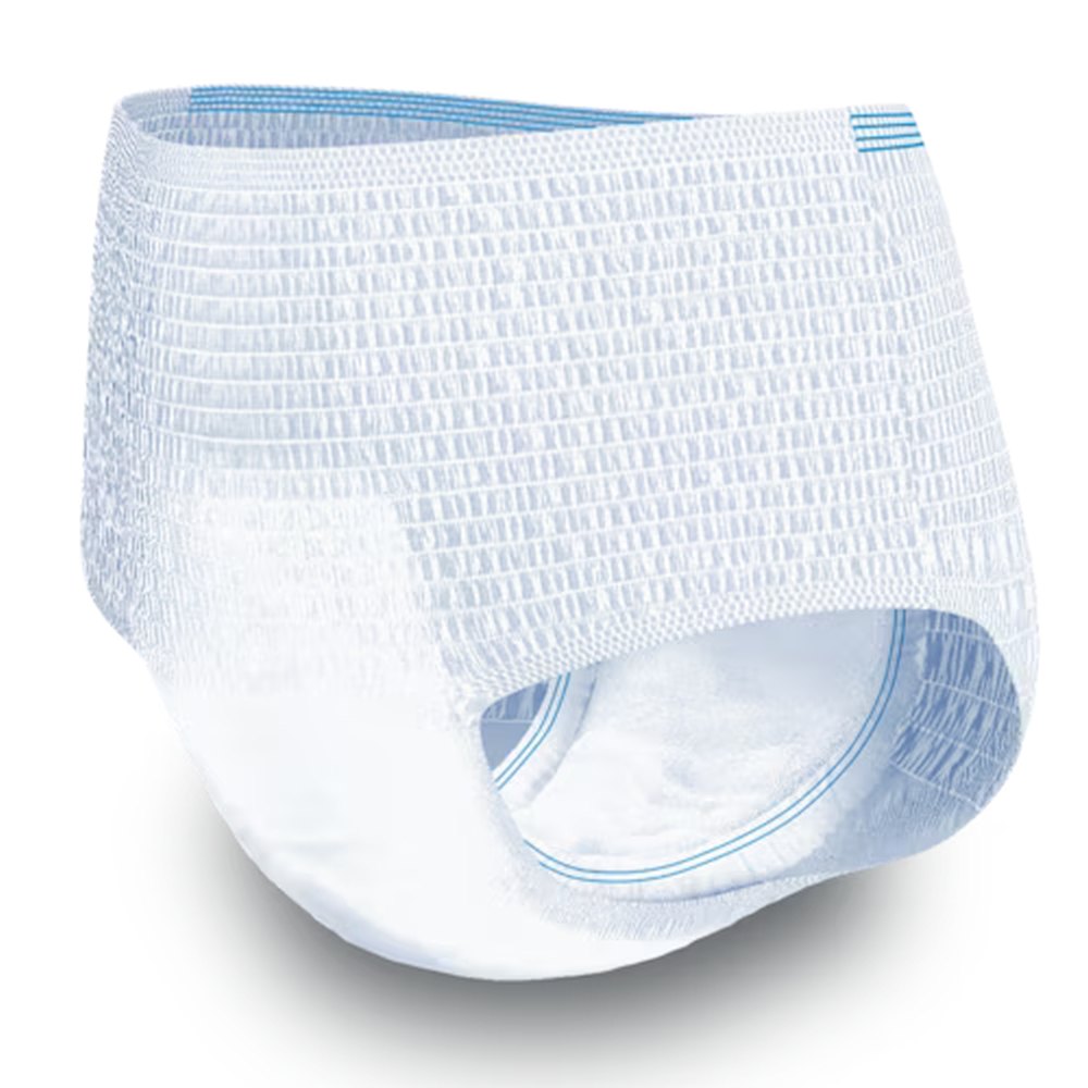 TENA Pants Plus ProSkin sind bequeme, slip-on Inkontinenzhosen für Männer und Frauen. Das Bild zeigt die Hosen auf einem hellen Hintergrund, um ihre weiche, atmungsaktive Oberfläche zu betonen. Die Hosen haben einen spezialisierten Schutz gegen Harn- und Stuhlinkontinenz, mit elastischen Bündchen für eine perfekte Passform. Die Verpackung ist klar erkennbar, und die angewandte Technologie zur Feuchtigkeitsregulierung und Geruchsneutralisation wird hervorgehoben.