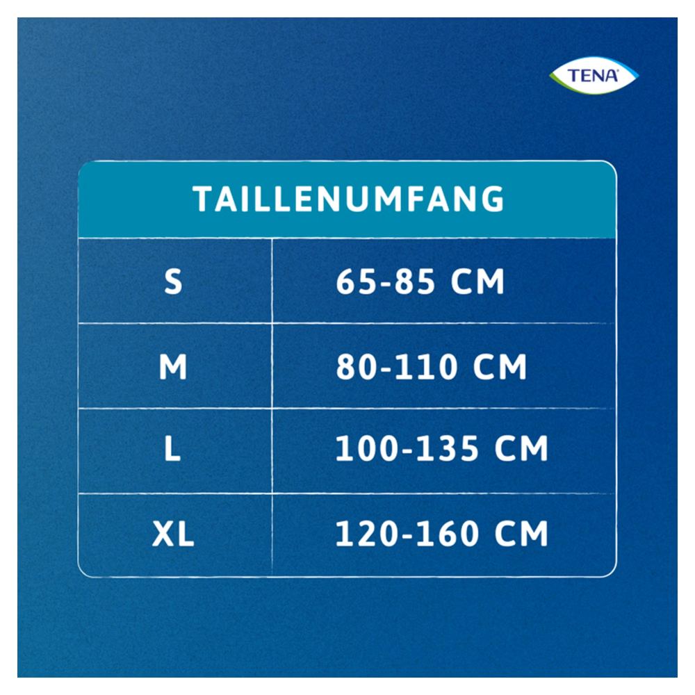 Helle TENA ProSkin Pants Super in Größe L, präsentiert auf einem neutralen Hintergrund. Die Hose ist leicht dehnbar und bietet eine bequeme Passform. Sie zeigt eine weiche Oberflächenstruktur und einen elastischen Bund, der zusätzlichen Komfort gewährleistet. Die Verpackung ist gut sichtbar und trägt das TENA-Logo sowie die Produktbezeichnung und die Größenangabe.