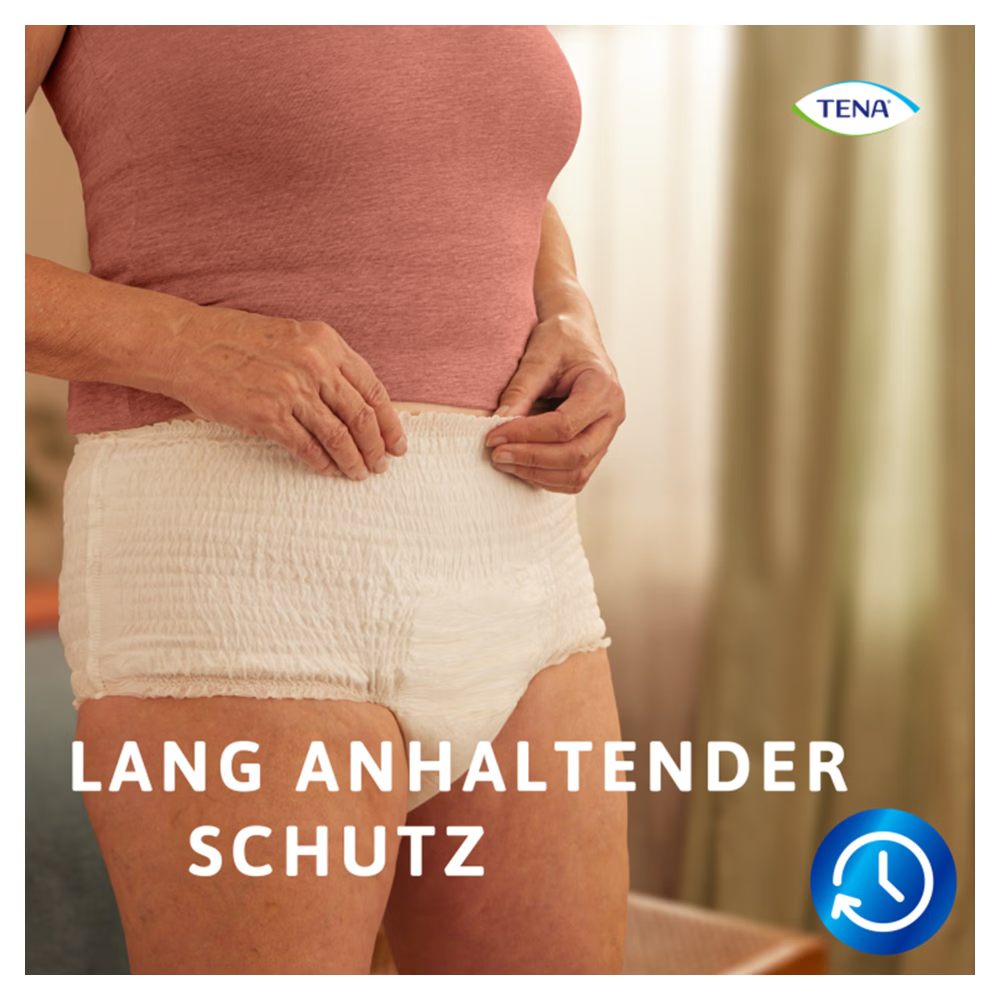 Produktbild von TENA ProSkin Pants Super in Größe L. Die Packung umfasst 4 Stück der bequemen, elastischen Inkontinenzhosen für Erwachsene. Auf der Vorderseite ist das Logo von TENA gut sichtbar, umgeben von einer hellen, modernen Gestaltung. Die Farbe der Hosen ist weiß, mit blauen und grünen Akzenten. Informationen zu Passform, Saugstärke und Verwendung sind in klarer Schrift abgebildet. Die Hosen sind für eine optimale Bewegungsfreiheit und einen diskreten Sitz konzipiert, ideal für ein aktives Leben.