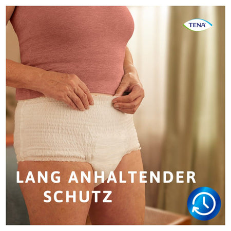 Produktbild von TENA ProSkin Pants Super in Größe L. Die Packung umfasst 4 Stück der bequemen, elastischen Inkontinenzhosen für Erwachsene. Auf der Vorderseite ist das Logo von TENA gut sichtbar, umgeben von einer hellen, modernen Gestaltung. Die Farbe der Hosen ist weiß, mit blauen und grünen Akzenten. Informationen zu Passform, Saugstärke und Verwendung sind in klarer Schrift abgebildet. Die Hosen sind für eine optimale Bewegungsfreiheit und einen diskreten Sitz konzipiert, ideal für ein aktives Leben.